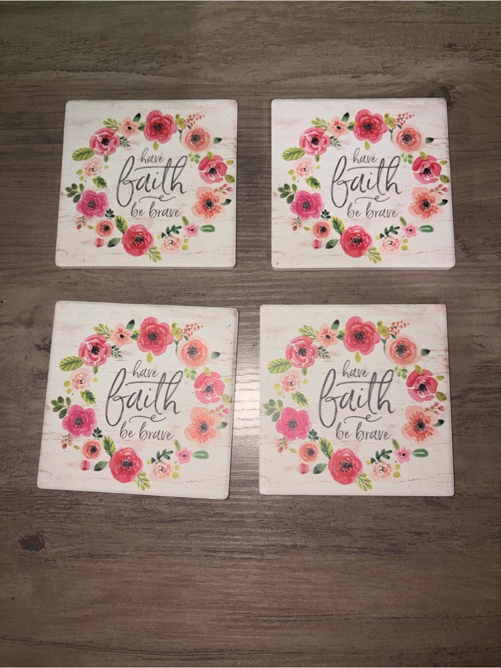 🆕💜 Have Faith Be Brave Floral Coasters Set of 4 Pink Inspirational Decor